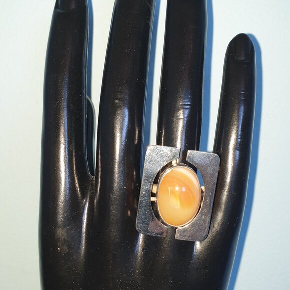 Unique Vintage European Modernist Apricot Carnelian Agate .800 Silver Ring - Picture 3 of 12